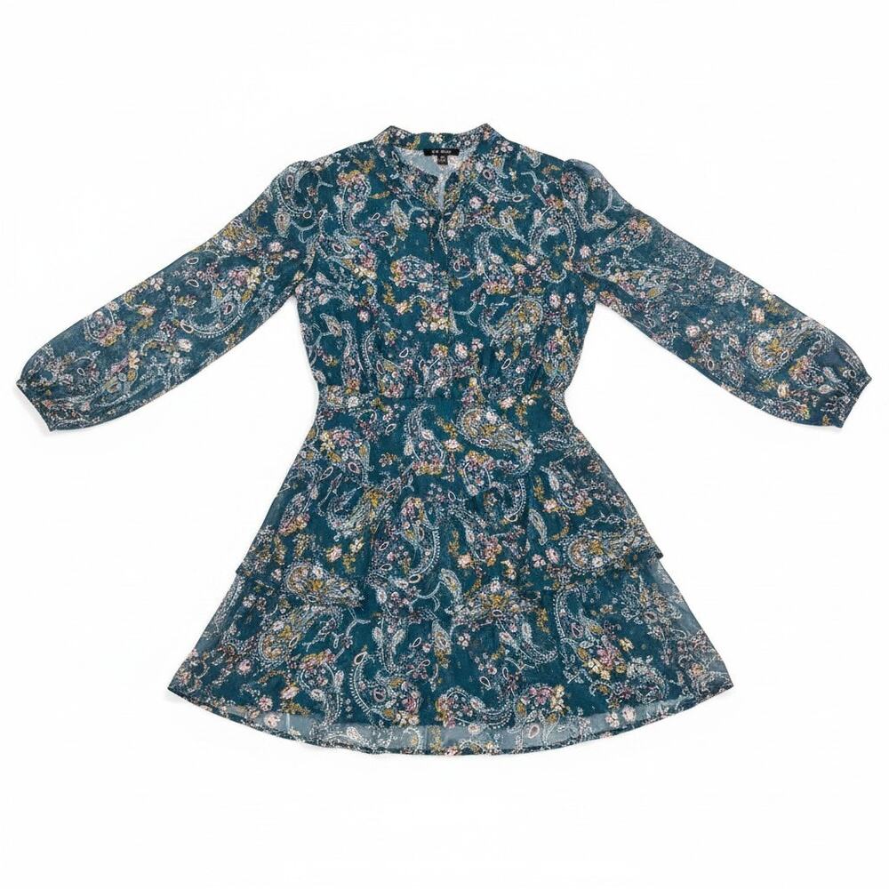 NEW City Studio XS Green Paisley Floral Boho Dress Tier Ruffle Long Sleeve
